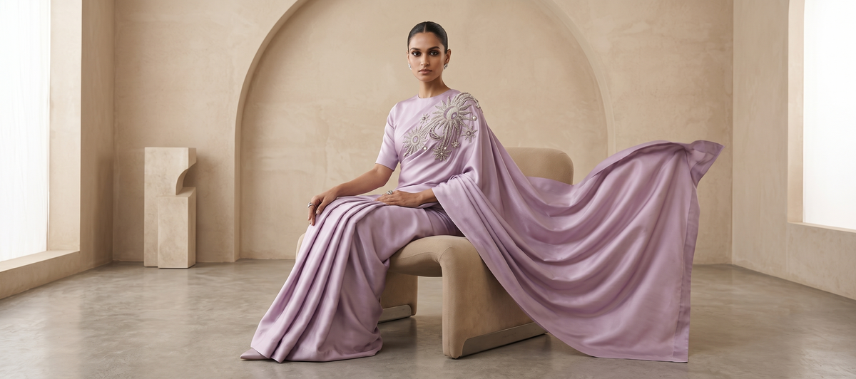 Lavande Éclat Satin Silk Saree styled with jewellery