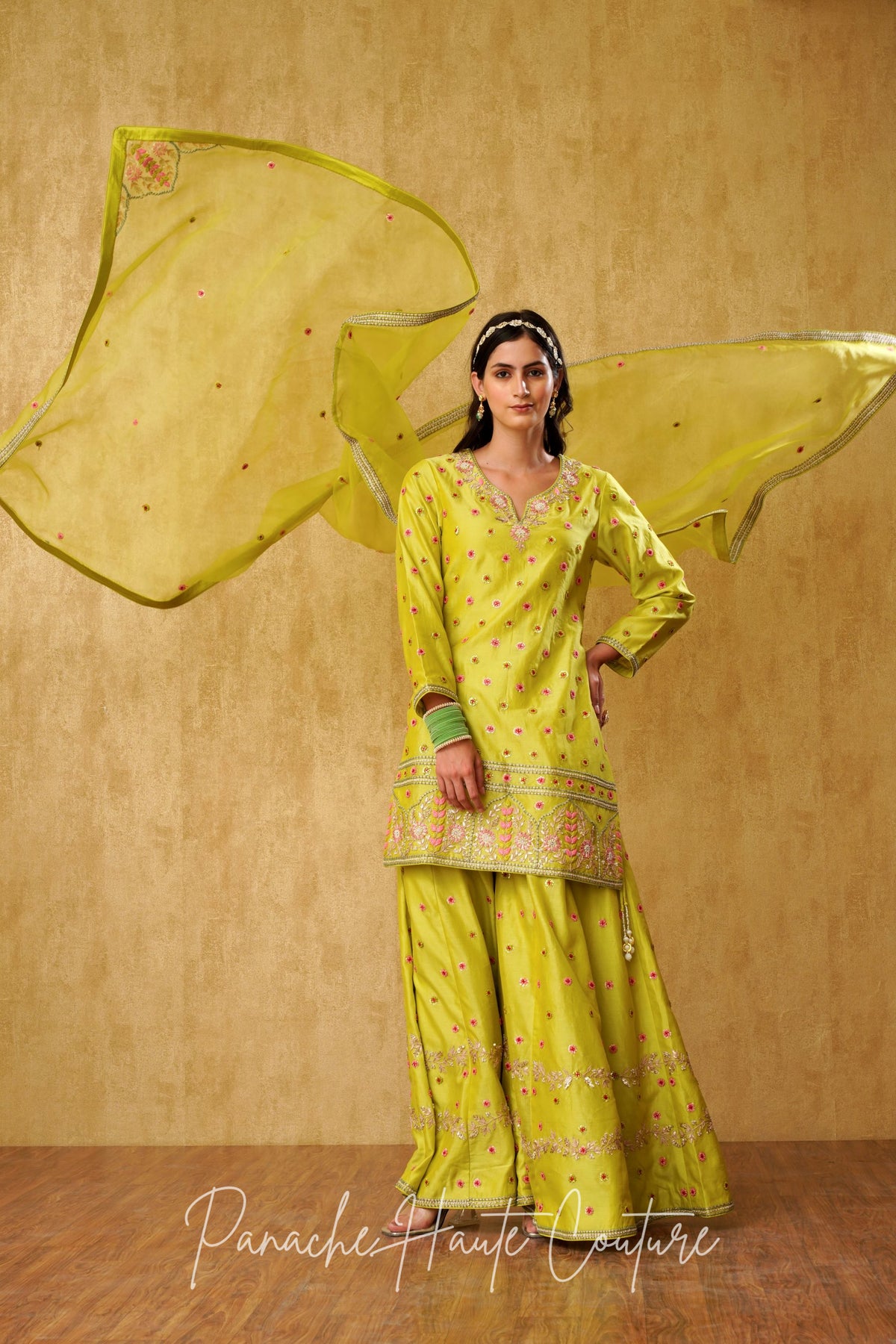Falak – Lime Green Chanderi Silk Bridal Sharara Set