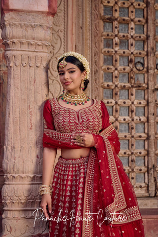 Maroon Lohita Lehenga in Dupion with Marodi & Kasab Work