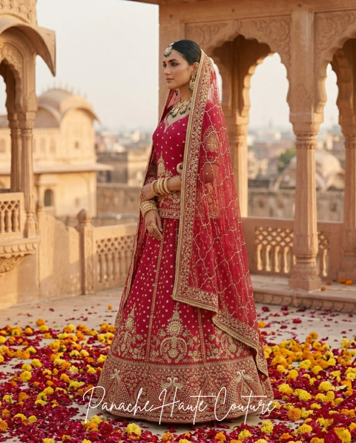 Magenta Pink Zardozi Lehenga Set with Net Dupatta for Punjabi Brides