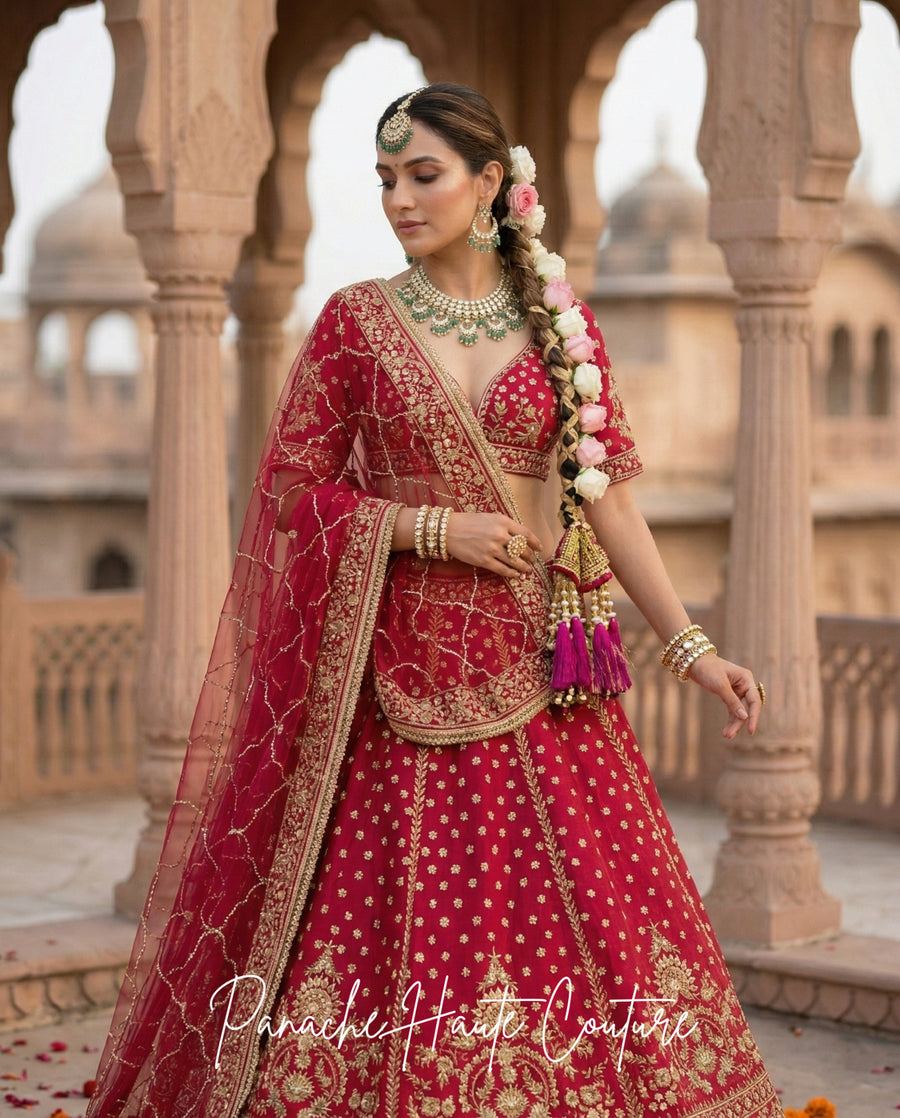 Magenta Pink Zardozi Lehenga with Net Dupatta | Wedding Wear