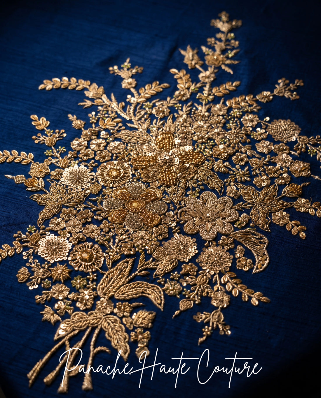 Navy Blue Raw Silk Gown with Gold Zardozi hand-embroidery detail