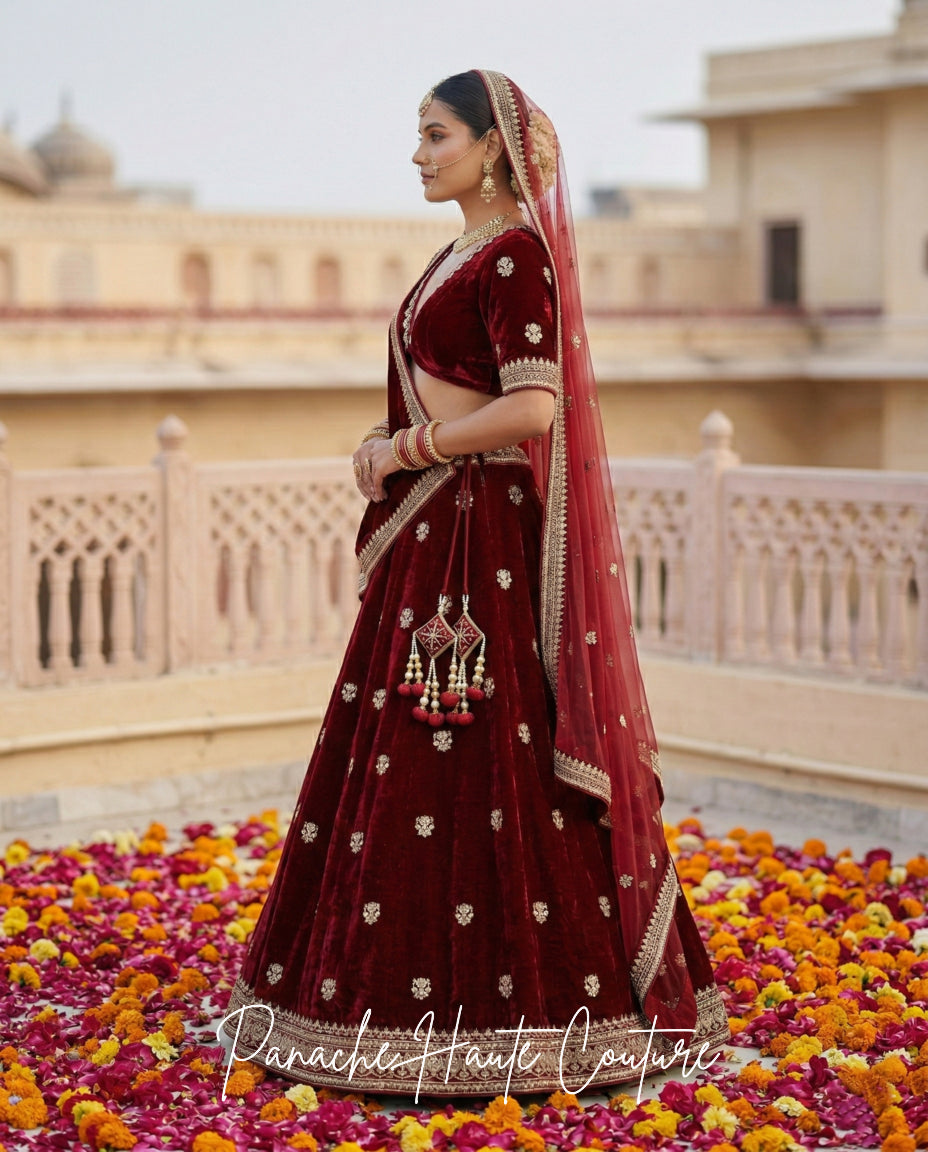 Maroon Silk Velvet Bridal Lehenga for the Modern Minimalist Bride