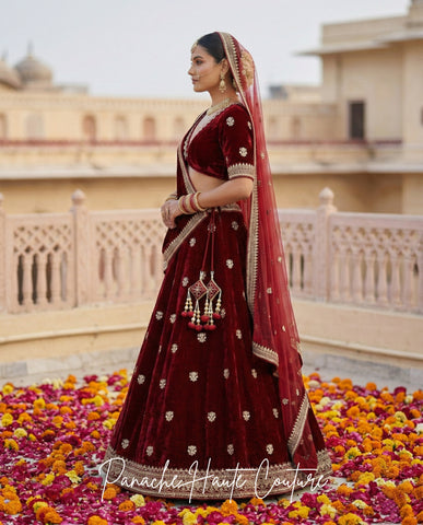 Maroon Silk Velvet Bridal Lehenga for the Modern Minimalist Bride