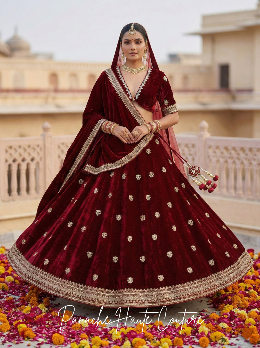 Maroon Silk Velvet Bridal Lehenga for the Modern Minimalist Bride