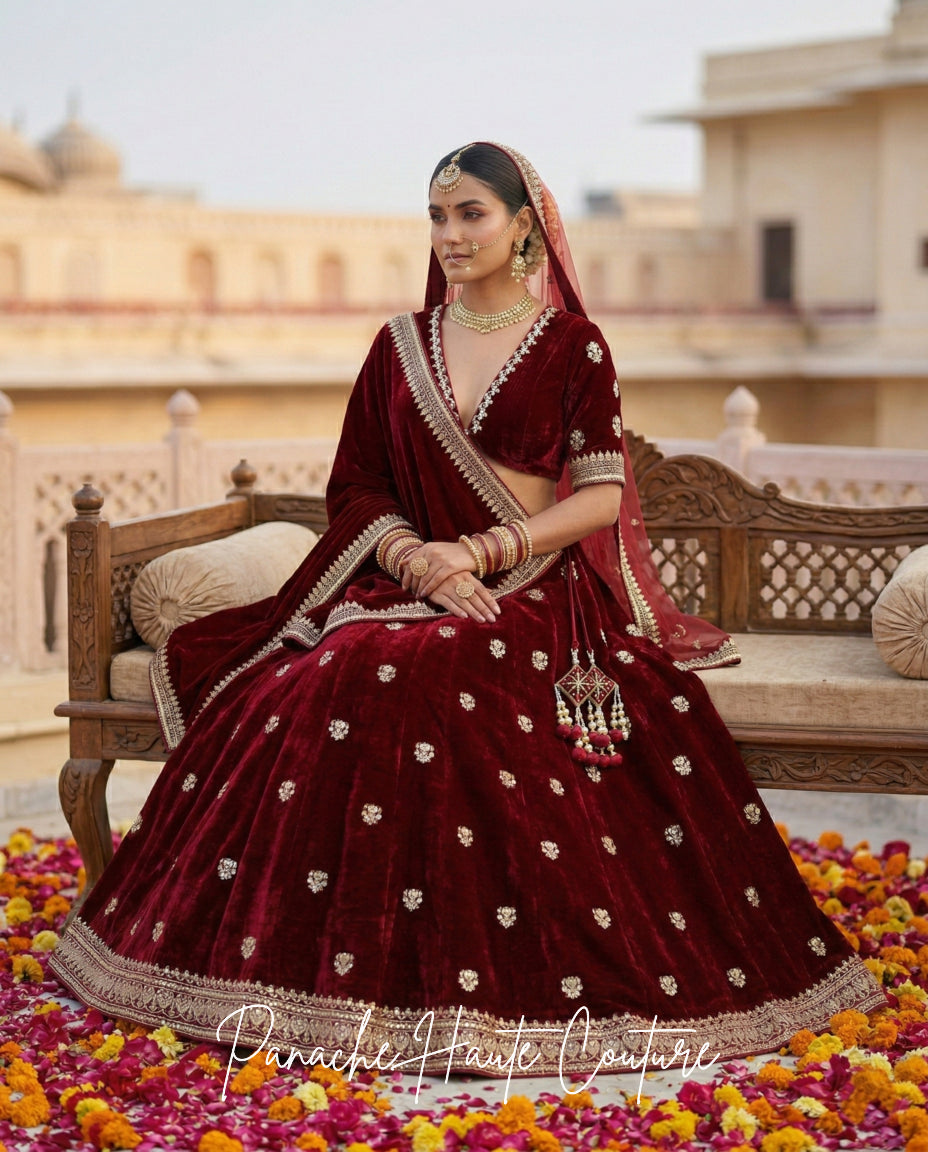 Maroon Silk Velvet Bridal Lehenga for the Modern Minimalist Bride