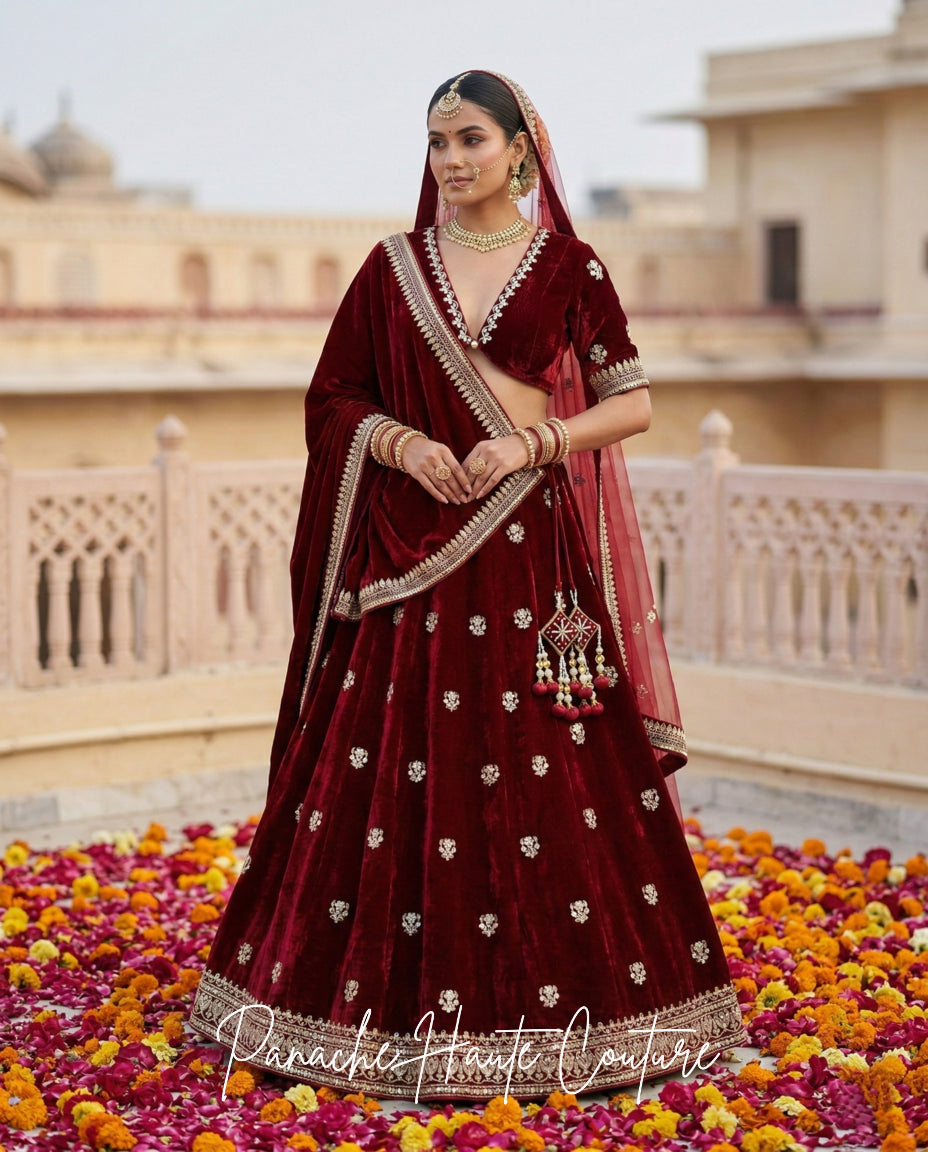 Maroon Silk Velvet Bridal Lehenga for the Modern Minimalist Bride