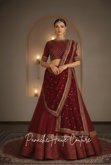 Maroon Red Organza Silk Lehenga Set with Hand Embroidery | Panache Haute Couture