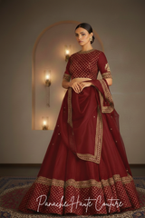 Maroon Red Organza Silk Lehenga Set with Hand Embroidery | Panache Haute Couture
