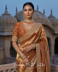 Maya – Rust Orange Banarasi Silk Tissue Saree by Panache Haute Couture