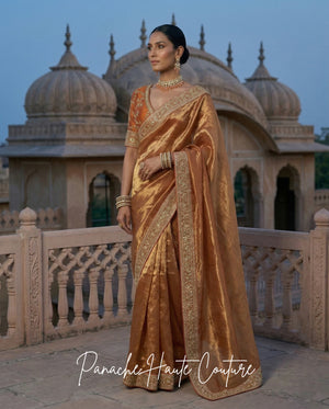 Maya – Rust Orange Banarasi Silk Tissue Saree by Panache Haute Couture