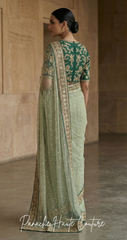 Mint Green Net Saree with Handcrafted Zardozi &amp; Marodi Work