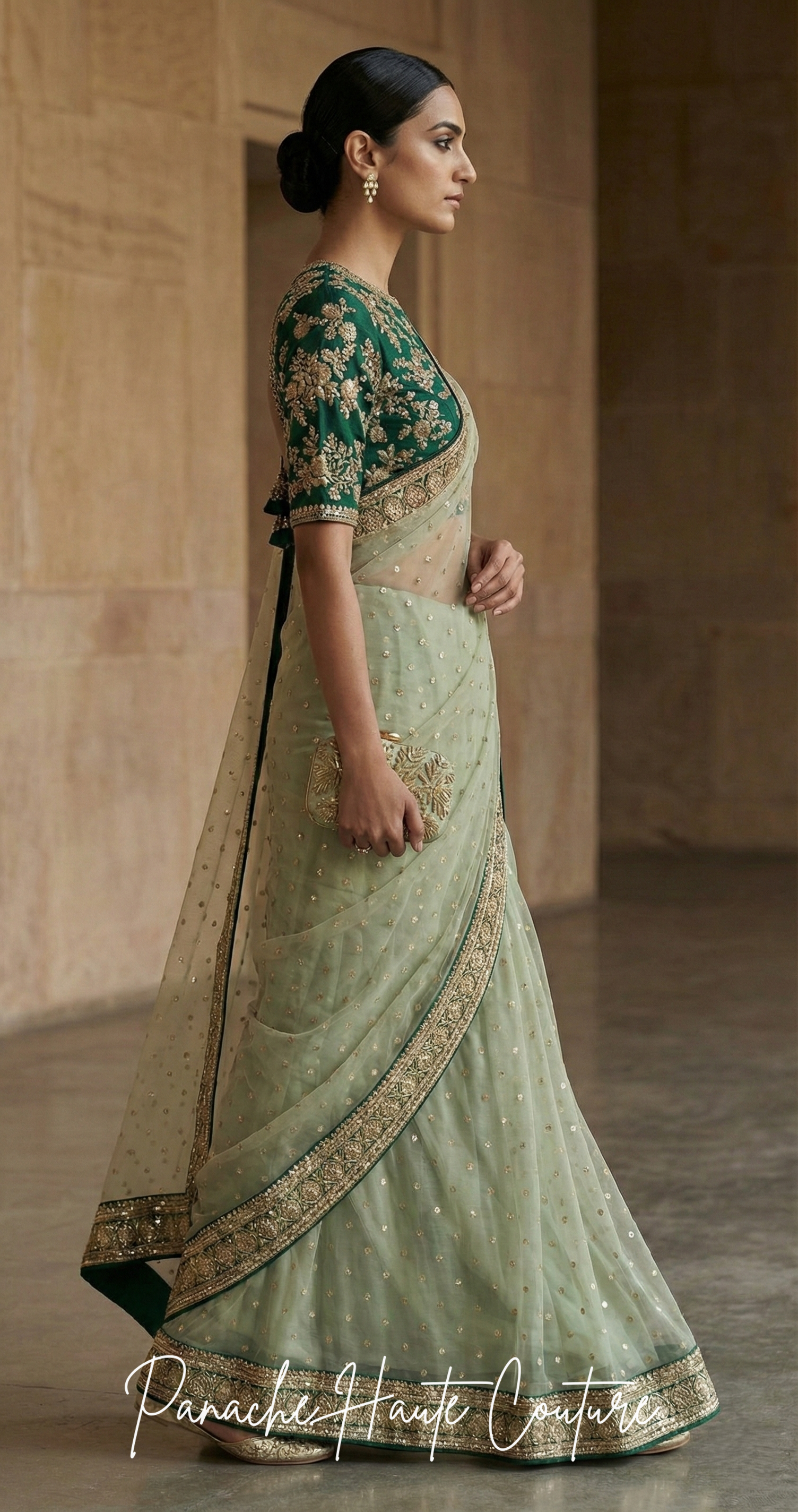 Mint Green Net Saree with Handcrafted Zardozi Marodi Work