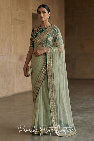 Mint Green Net Saree with Handcrafted Zardozi &amp; Marodi Work