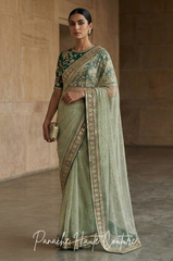 Mint Green Net Saree with Handcrafted Zardozi &amp; Marodi Work