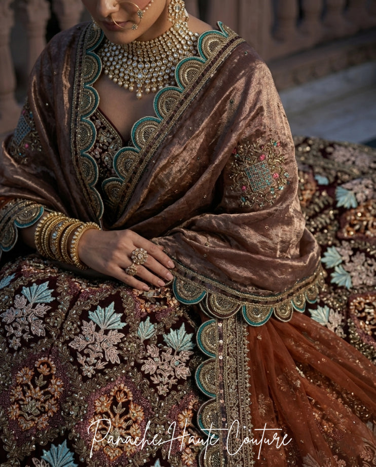 Mrignayani Blood Maroon Velvet Bridal Lehenga Set Panache Haute Couture