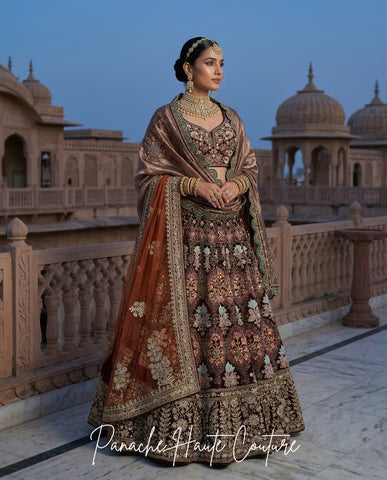 Mrignayani Blood Maroon Velvet Bridal Lehenga Set Panache Haute Couture