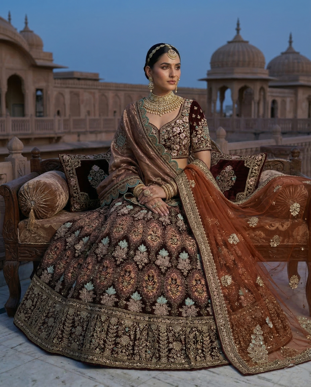 Mrignayani Maroon Bridal Lehenga – Couture Bridal Ensemble styled with jewellery