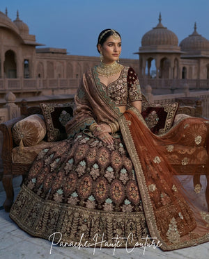 Mrignayani Blood Maroon Velvet Bridal Lehenga Set Panache Haute Couture