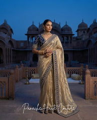 Mrinal – Banarasi Silk Tissue Saree with Navy Raw Silk Blouse by Panache Haute Couture