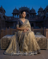 Mrinal – Banarasi Silk Tissue Saree with Navy Raw Silk Blouse by Panache Haute Couture