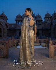 Mrinal – Banarasi Silk Tissue Saree with Navy Raw Silk Blouse by Panache Haute Couture