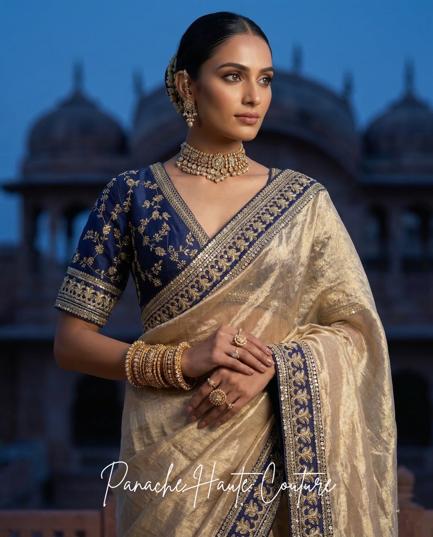 Mrinal – Banarasi Silk Tissue Saree with Navy Raw Silk Blouse by Panache Haute Couture