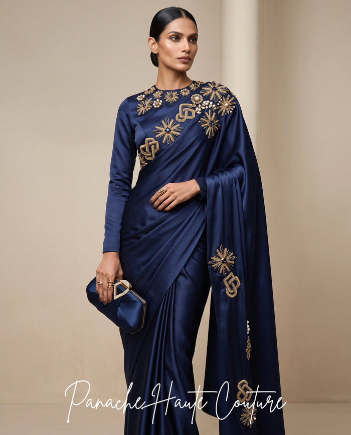 Nocturne Royale Navy Blue Satin Silk Saree at Panache Haute Couture