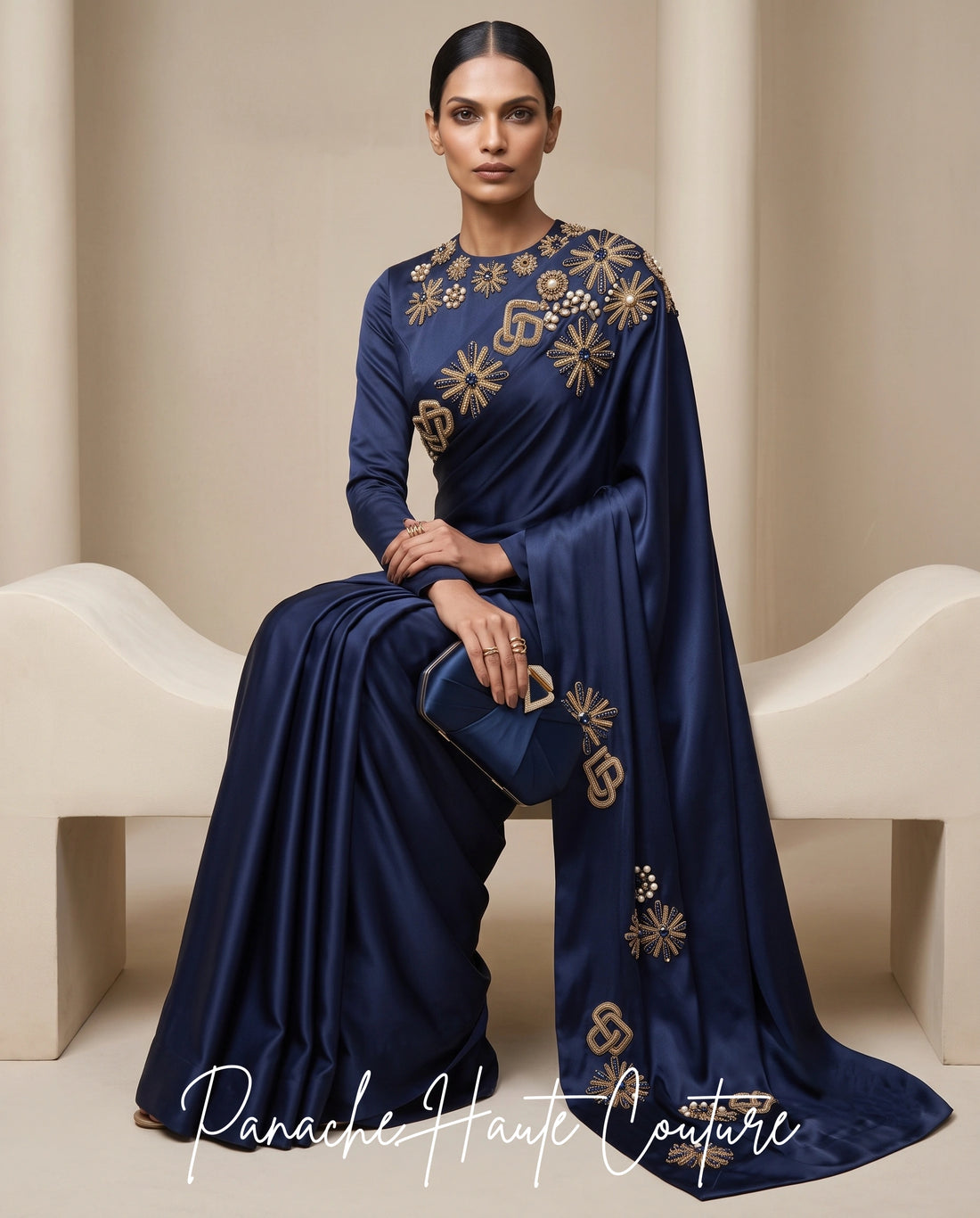 Nocturne Royale Navy Blue Satin Silk Saree at Panache Haute Couture