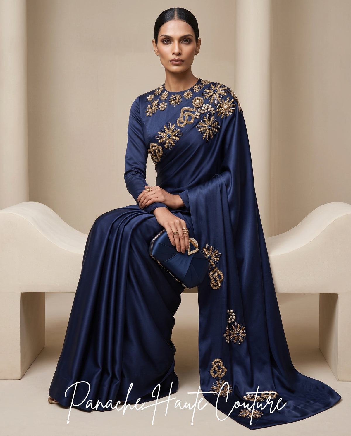 Nocturne Royale Deep Navy Satin Silk Saree