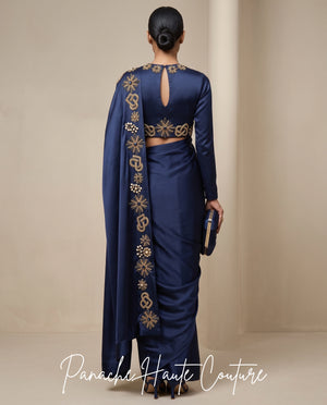 Nocturne Royale Navy Blue Satin Silk Saree at Panache Haute Couture