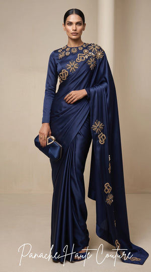 Nocturne Royale Navy Blue Satin Silk Saree at Panache Haute Couture