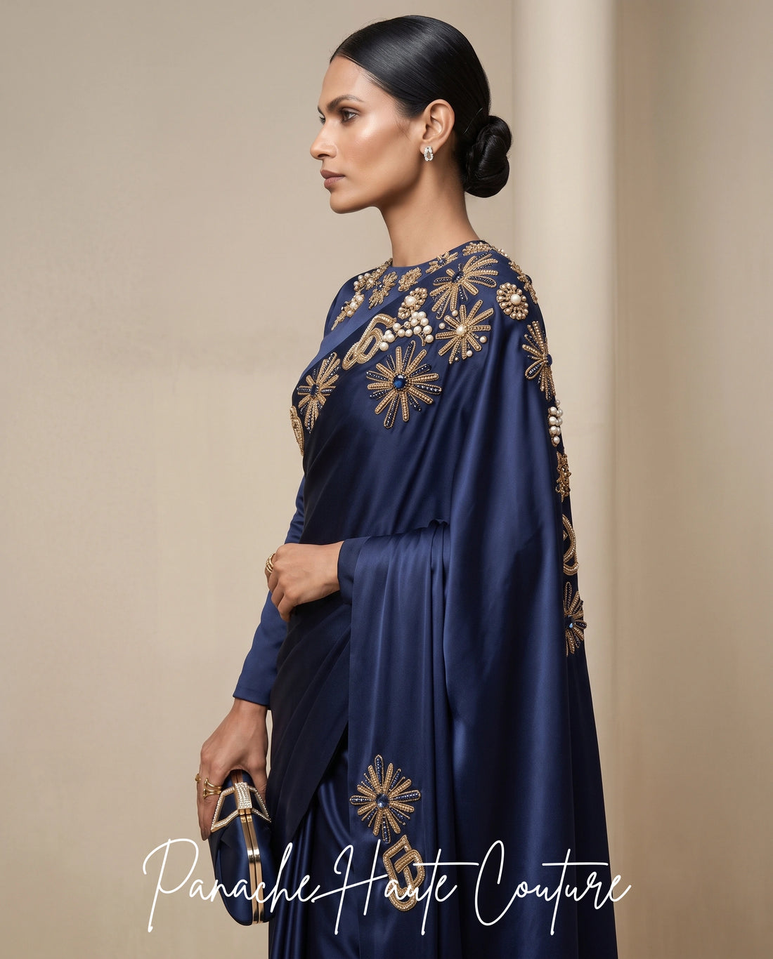 Nocturne Royale Navy Blue Satin Silk Saree at Panache Haute Couture