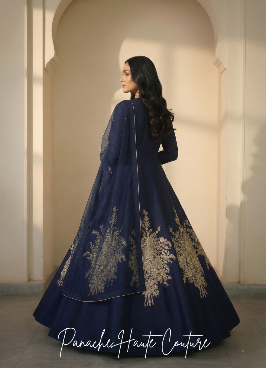 Navy Blue Raw Silk Gown with Gold Zardozi Hand Embroidery&nbsp;