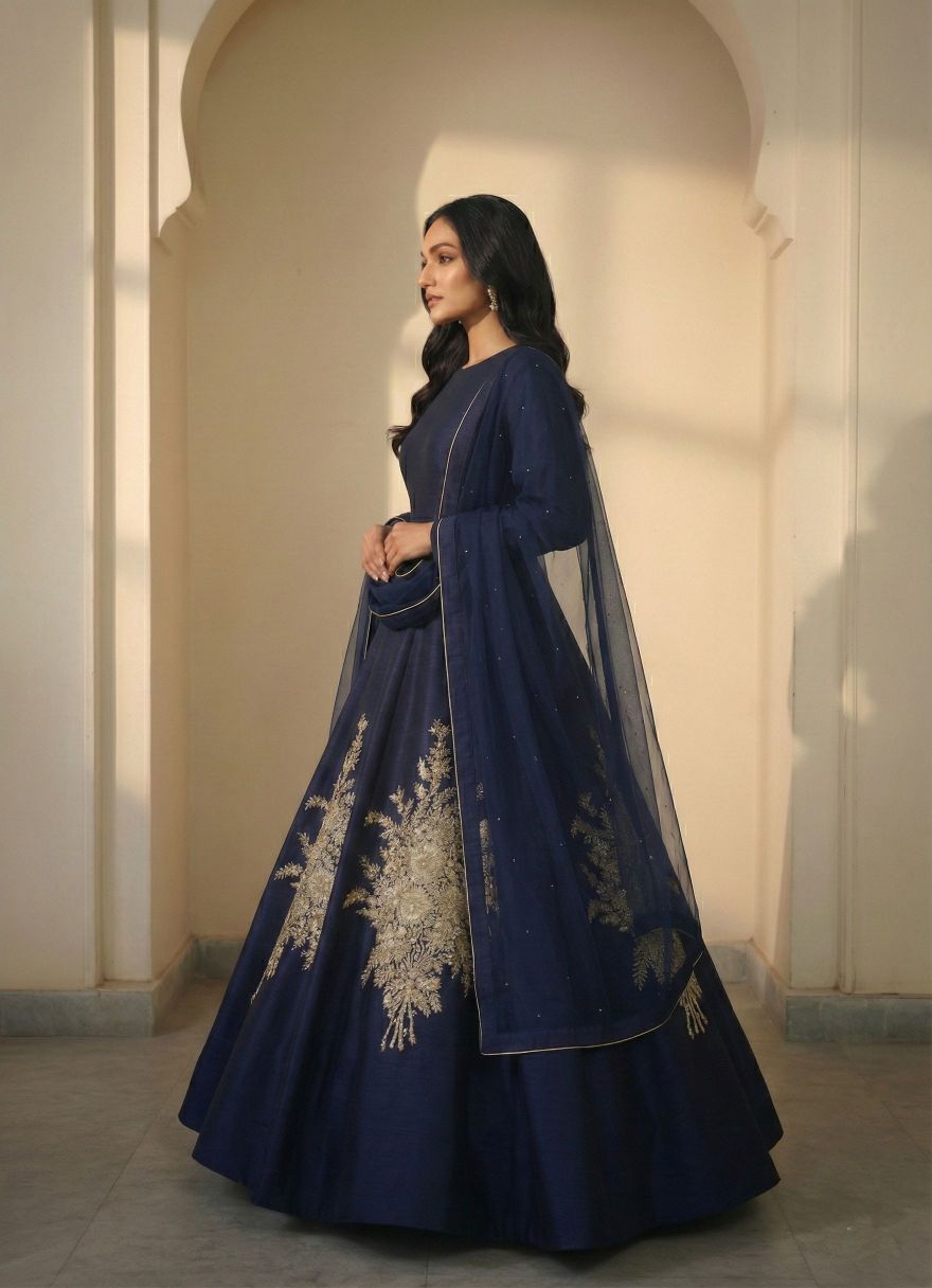 Navy Blue Raw Silk Gown with Gold Zardozi Hand Embroidery&nbsp;