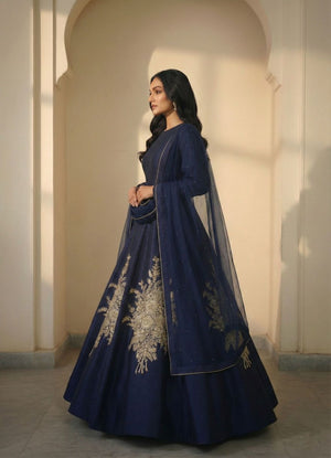 Navy Blue Raw Silk Gown with Gold Zardozi Hand Embroidery&nbsp;
