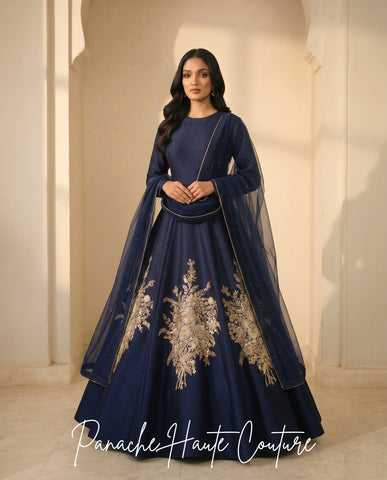 Navy Blue Raw Silk Gown with Gold Zardozi by Panache Haute Couture Sydney