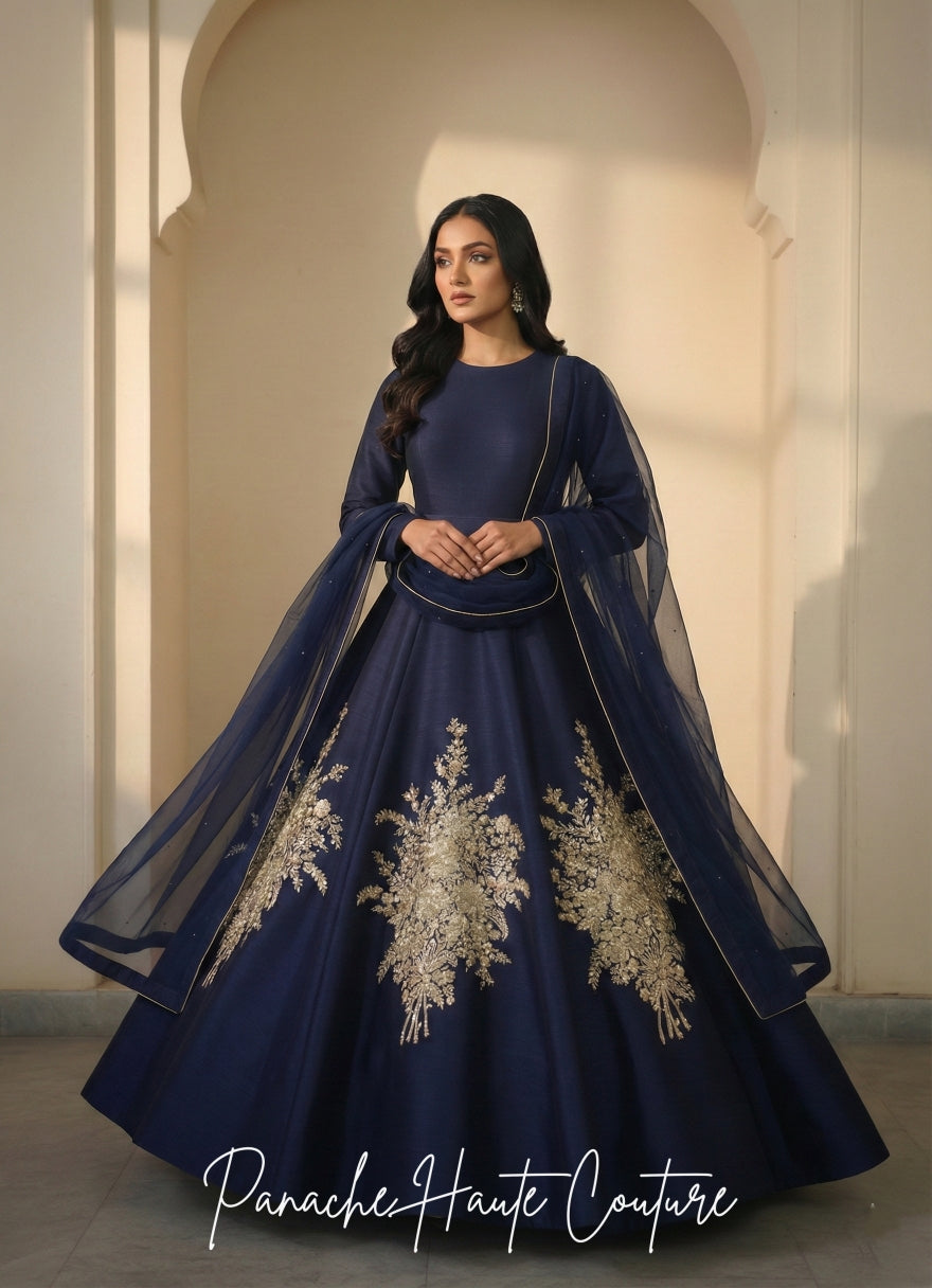 Navy Blue Raw Silk Gown with Gold Zardozi Hand Embroidery&nbsp;