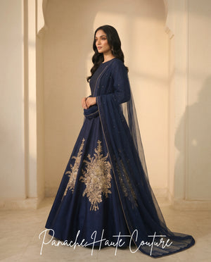 Navy Blue Raw Silk Gown with Gold Zardozi by Panache Haute Couture Sydney