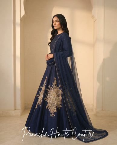 Navy Blue Raw Silk Gown with Gold Zardozi by Panache Haute Couture Sydney