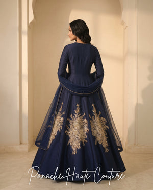 Navy Blue Raw Silk Gown with Gold Zardozi by Panache Haute Couture Sydney