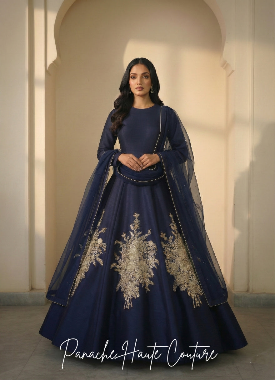 Navy Blue Raw Silk Gown with Gold Zardozi Hand Embroidery&nbsp;