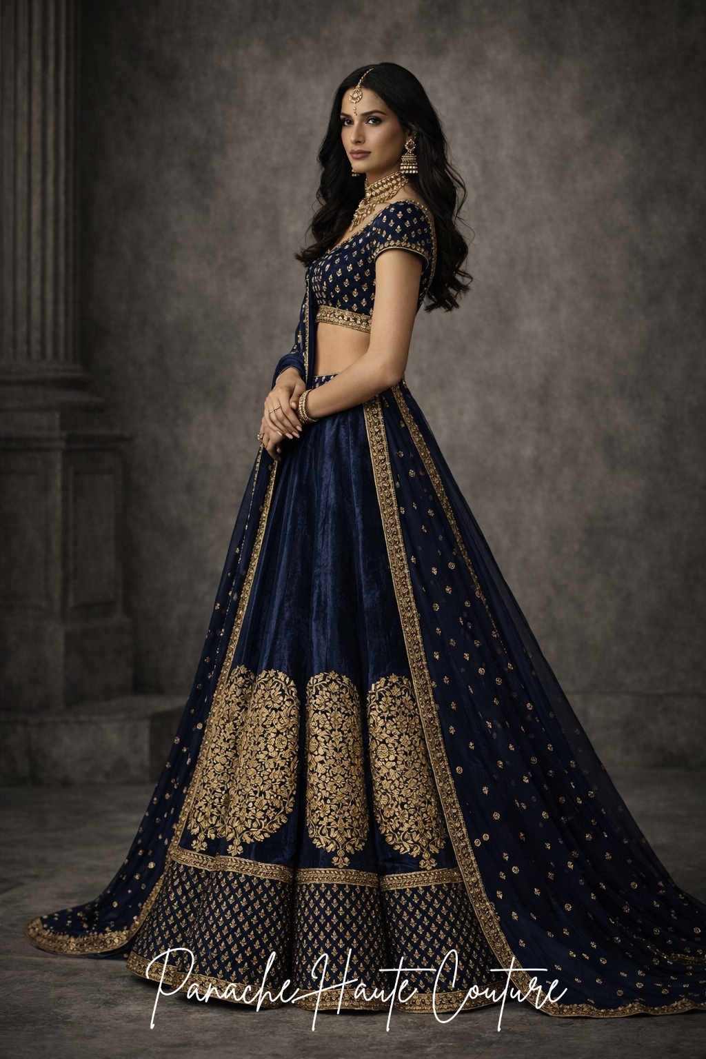 Navy Blue Silk Velvet Wedding Lehenga Set