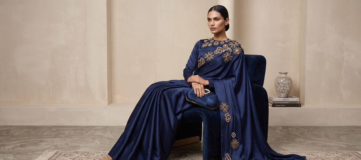 Nocturne Royale Deep Navy Satin Silk Saree styled with jewellery