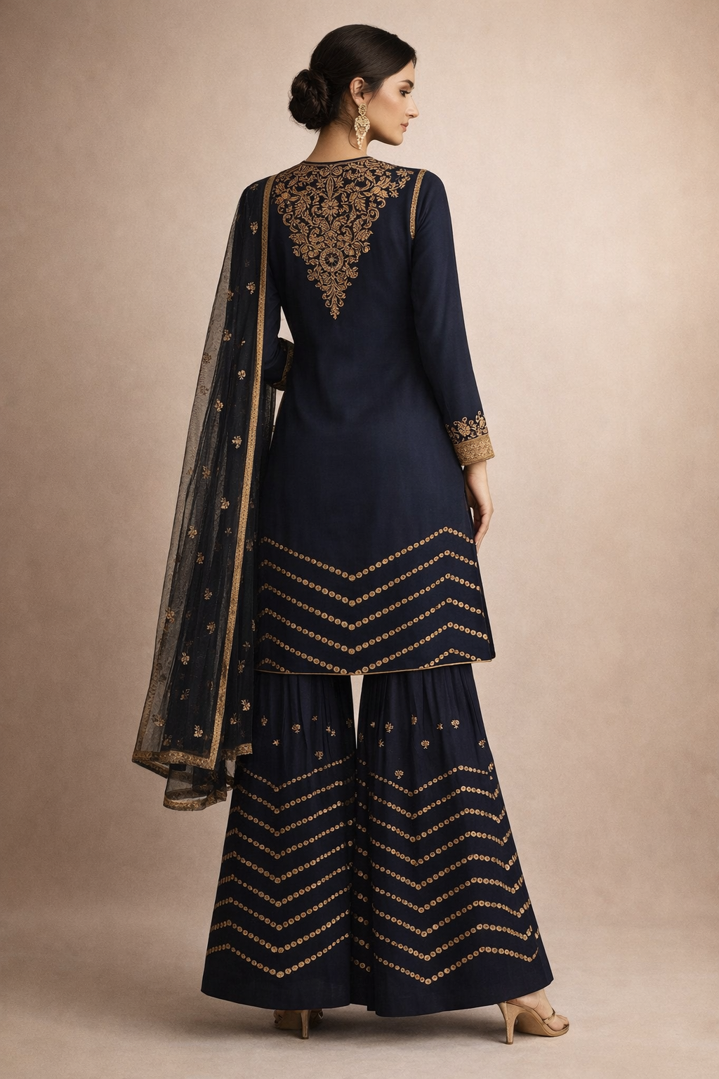 Navy Blue Dupion Silk Gharara with Zardozi | Panache Haute Couture USA & UK