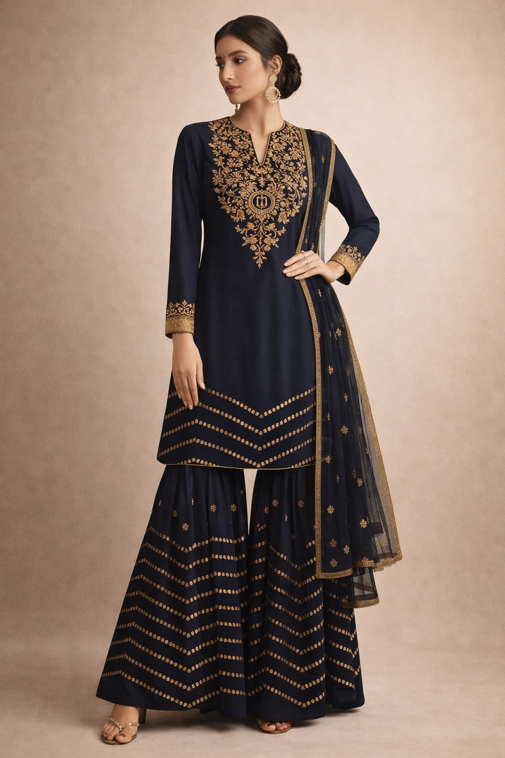 Navy Blue Dupion Silk Gharara with Zardoz