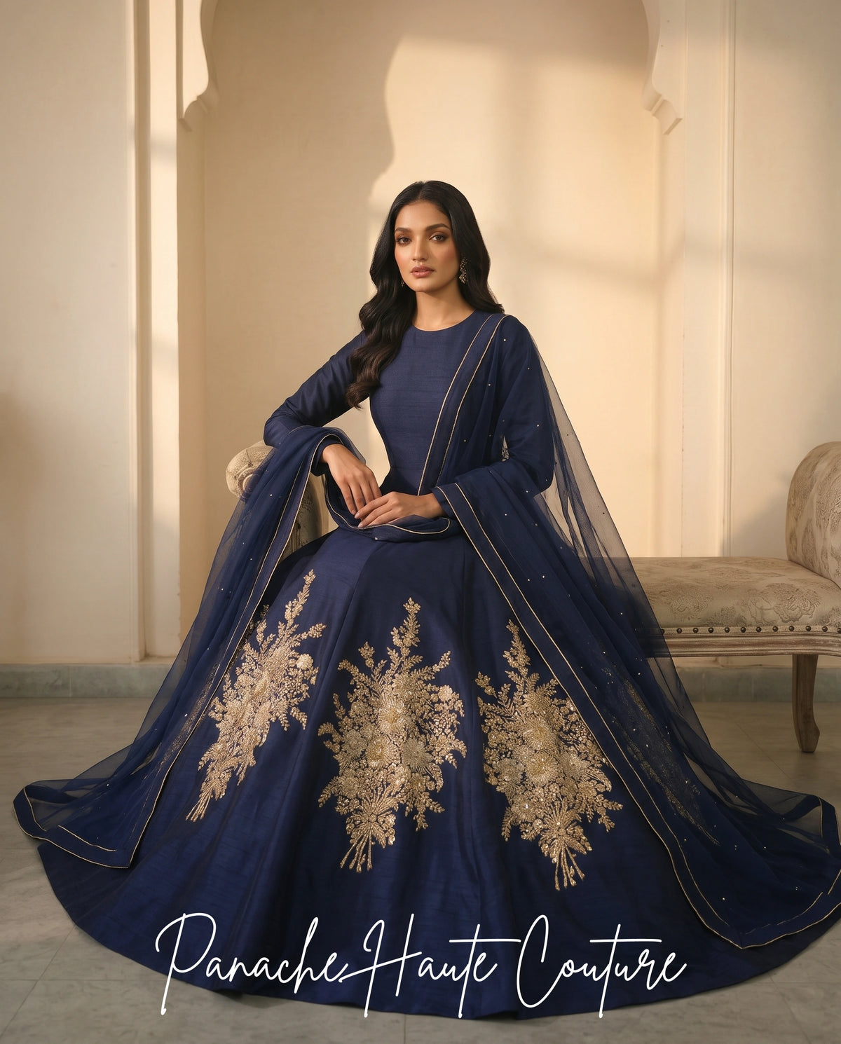 Navy Blue Raw Silk Gown with Gold Zardozi styled with jewellery