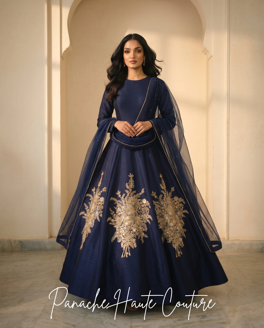 Navy Blue Raw Silk Gown with Gold Zardozi silhouette