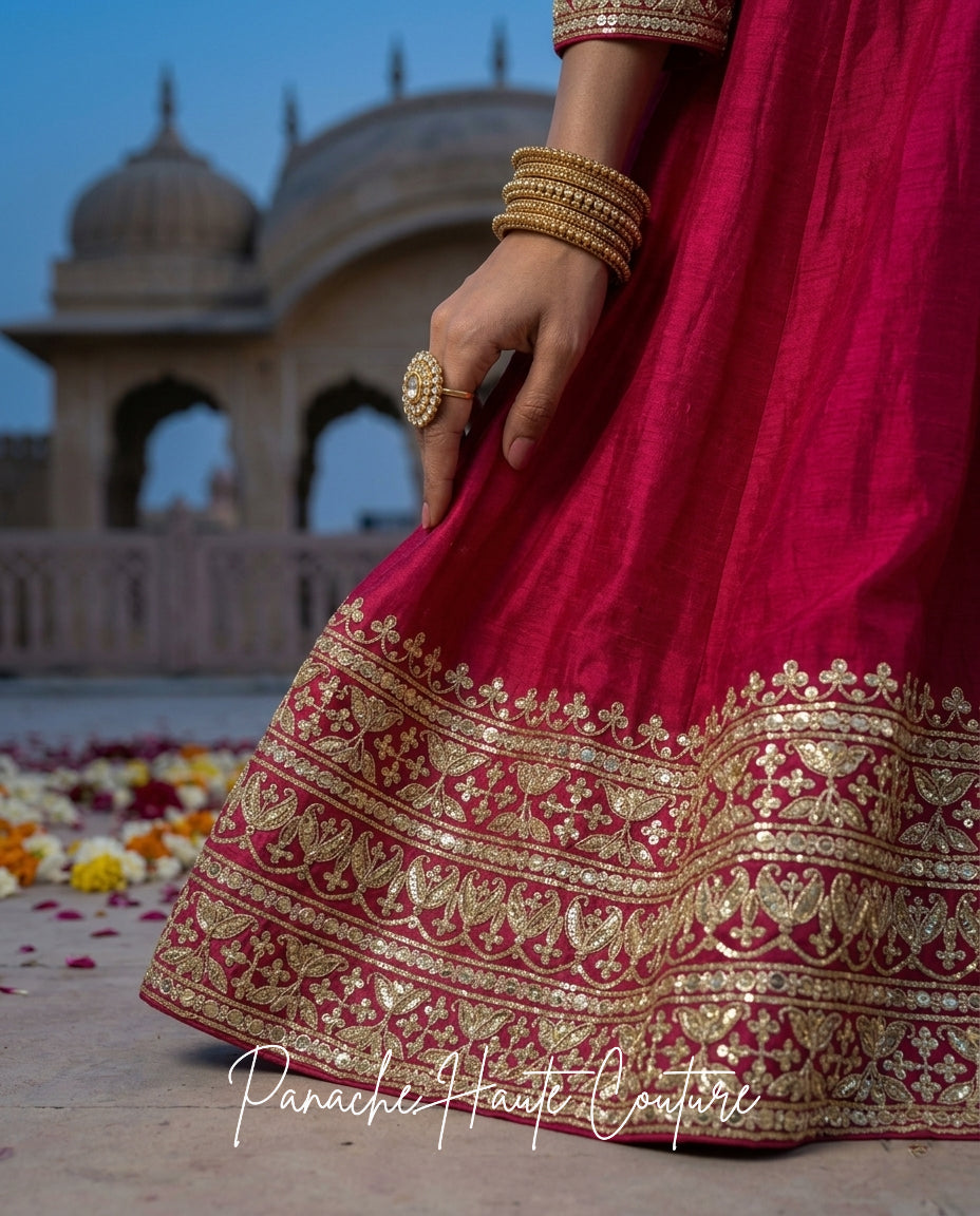 Noor Wedding Anarkali in Dark Hot Pink from Jahan Collection hand-embroidery detail