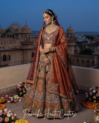 Mumtaz Burgundy Maroon Dupion Silk Bridal Lehenga Panache Haute Couture